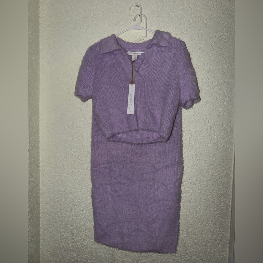 House of Harlow 1960 Lilac Fuzzy Short Sleeve Polo& Skirt M NWT